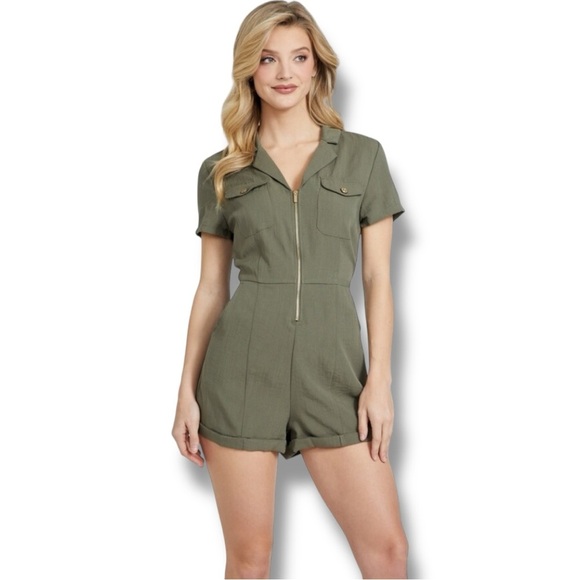 Guess Olive Green Military Style Rolled Hem Gold Zip Front Pockets Romper - Picture 1 of 16